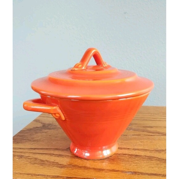 Vintage Homer Laughlin Harlequin Sugar Bowl W/Lid & Creamer Set Red Art Deco - Picture 4 of 16